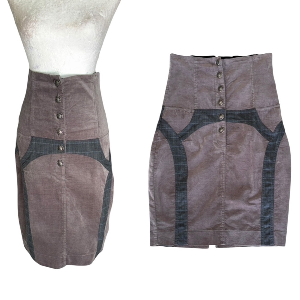 NWT Anvrdie Angels Never Die Taupe Velvet Plaid High Waist Midi Pencil Skirt - M